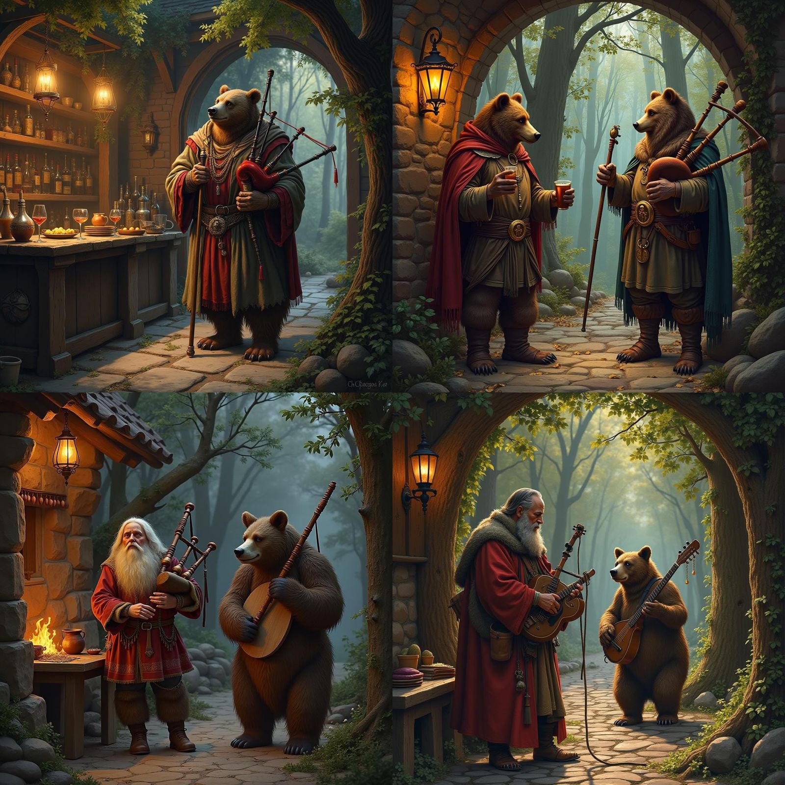 Medieval Tavern Bard with Bagpipe and Bear