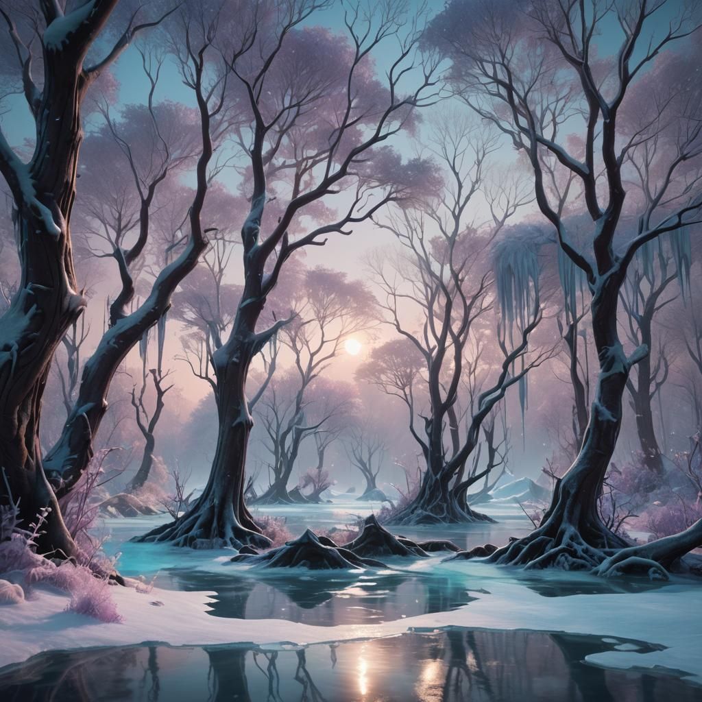 Fantasy Forest Frozen Under Crystal Ice