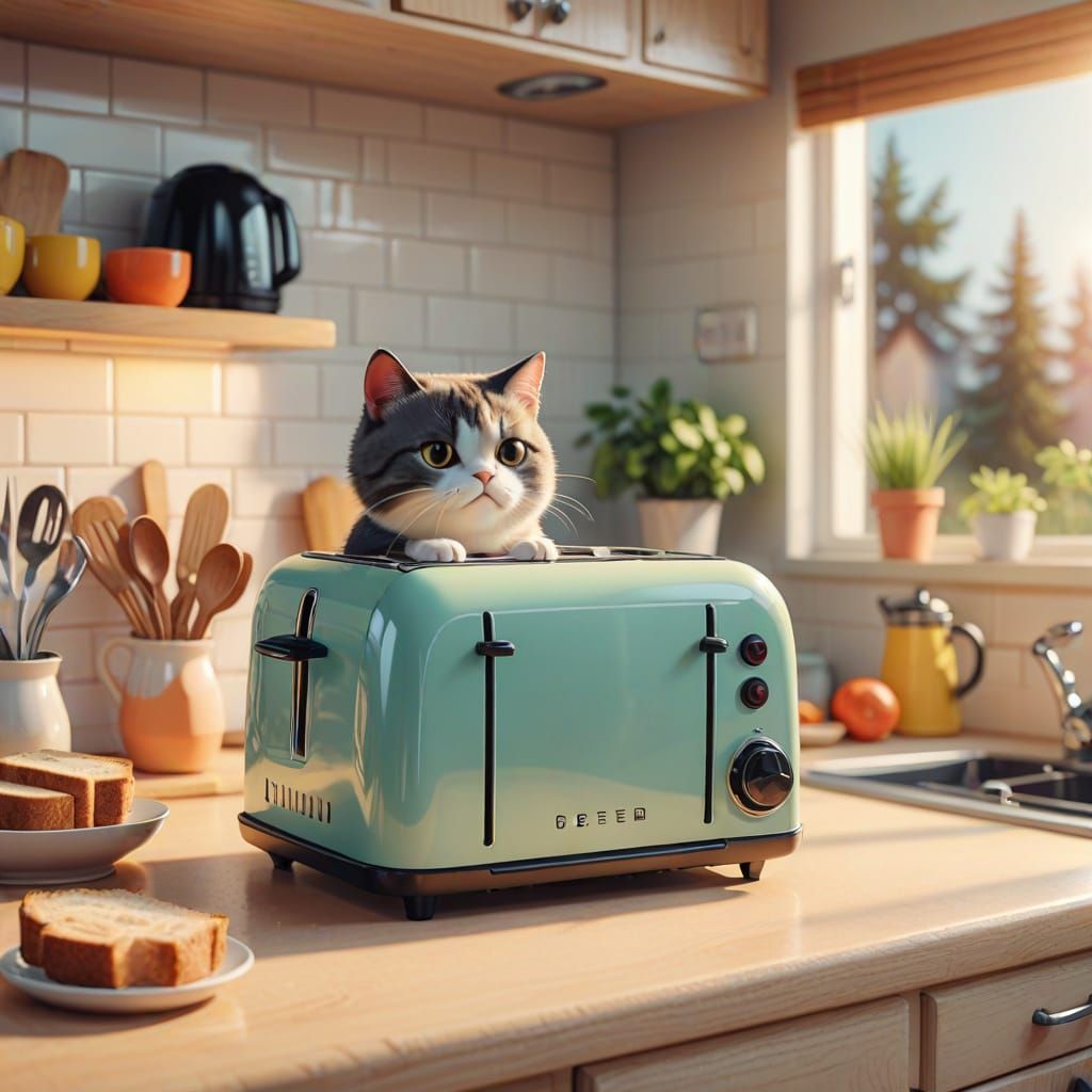 Whimsical Cat and Toaster in Pastel Colors
