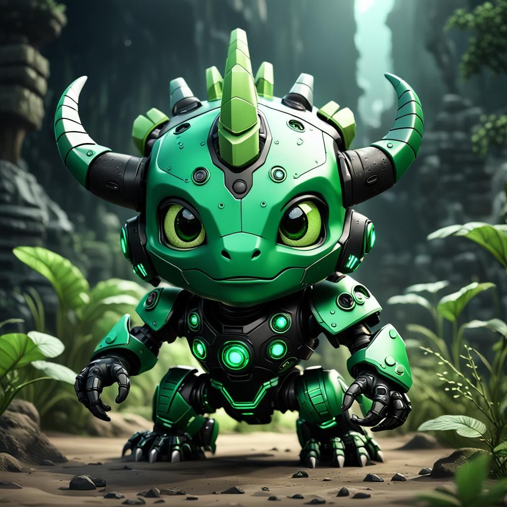 Chibi Robot Triceratops: Detailed Matte Painting