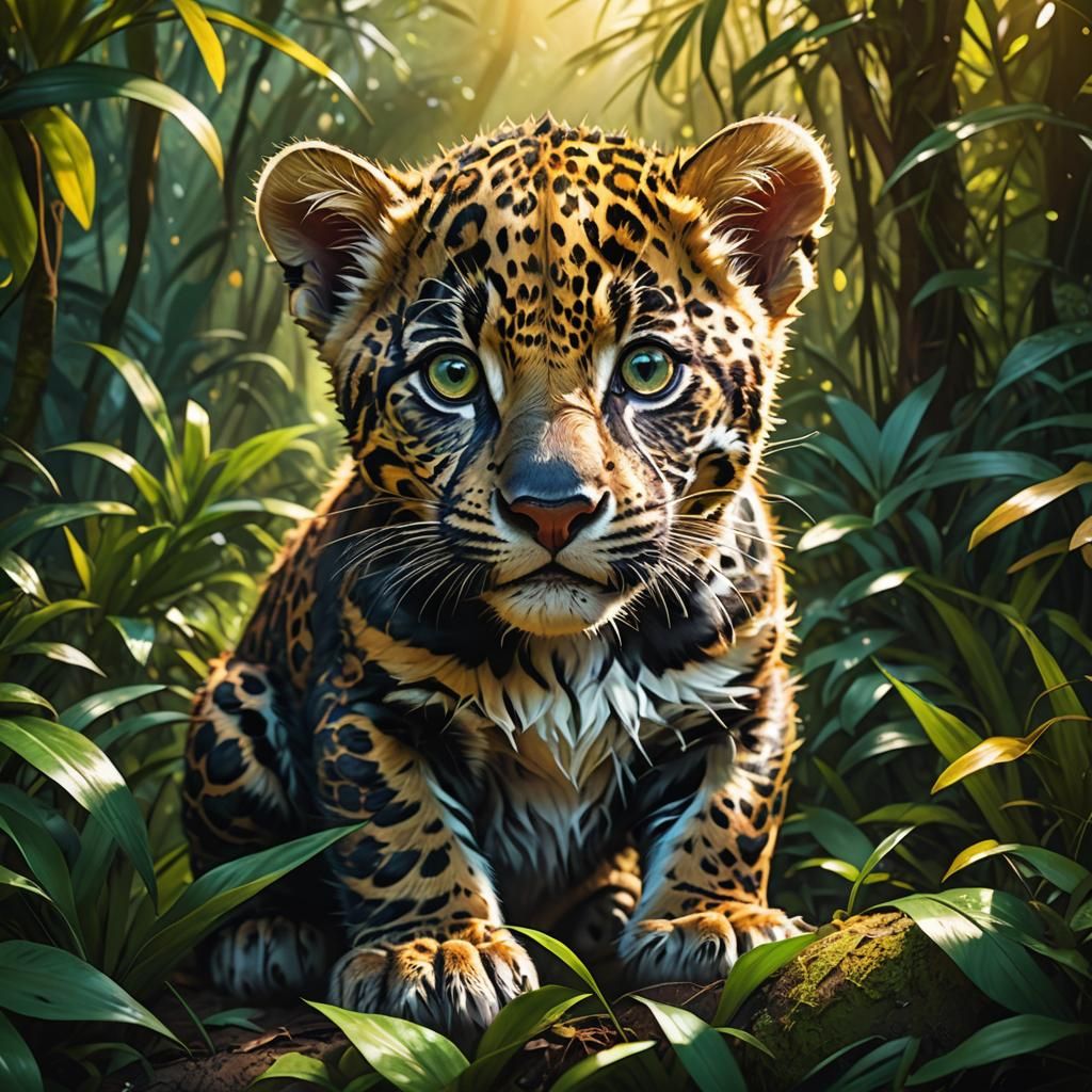 Baby Jaguar in Jungle: Vibrant Digital Art