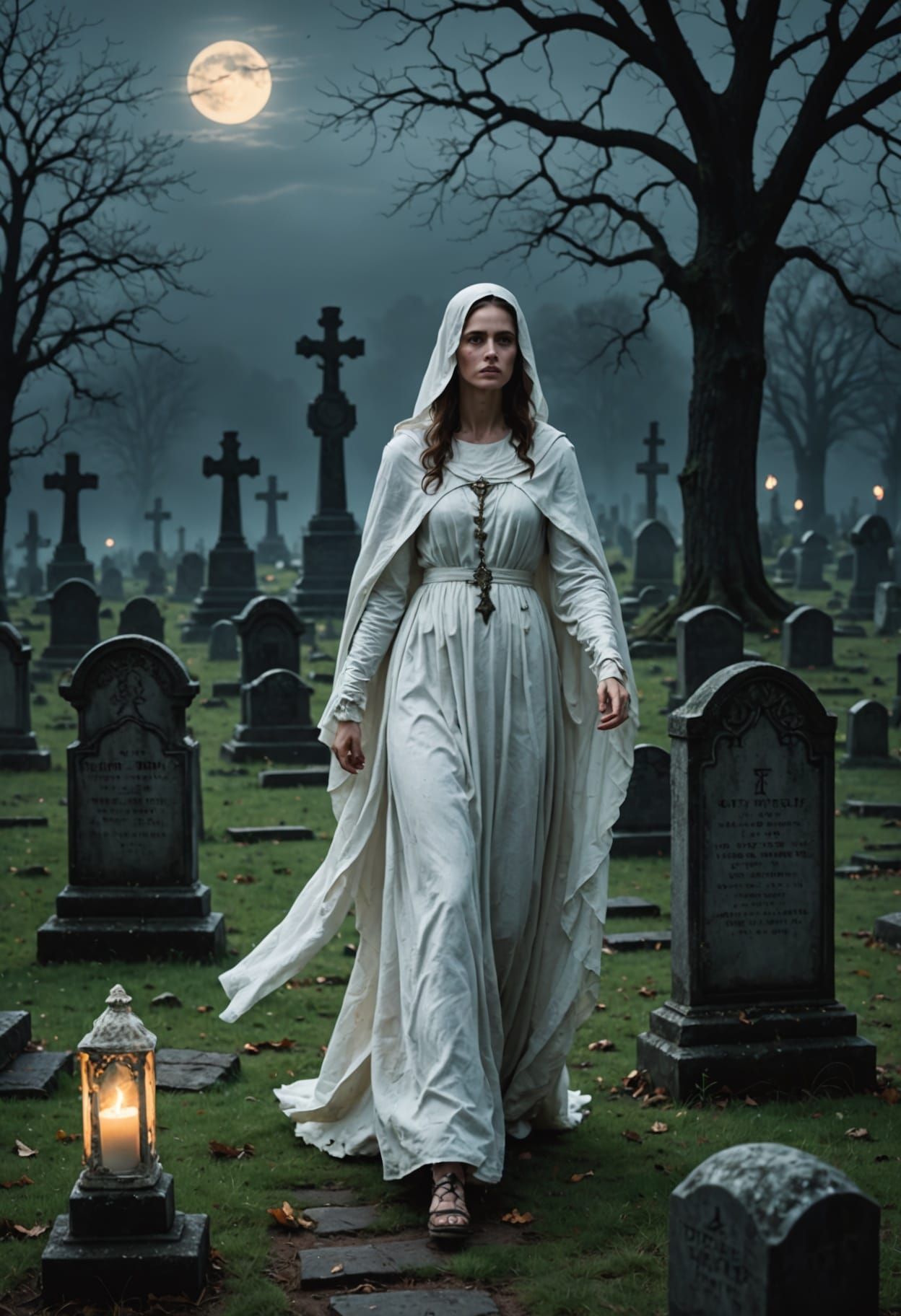 The Lady in White Spirit in an Ancient Graveyard