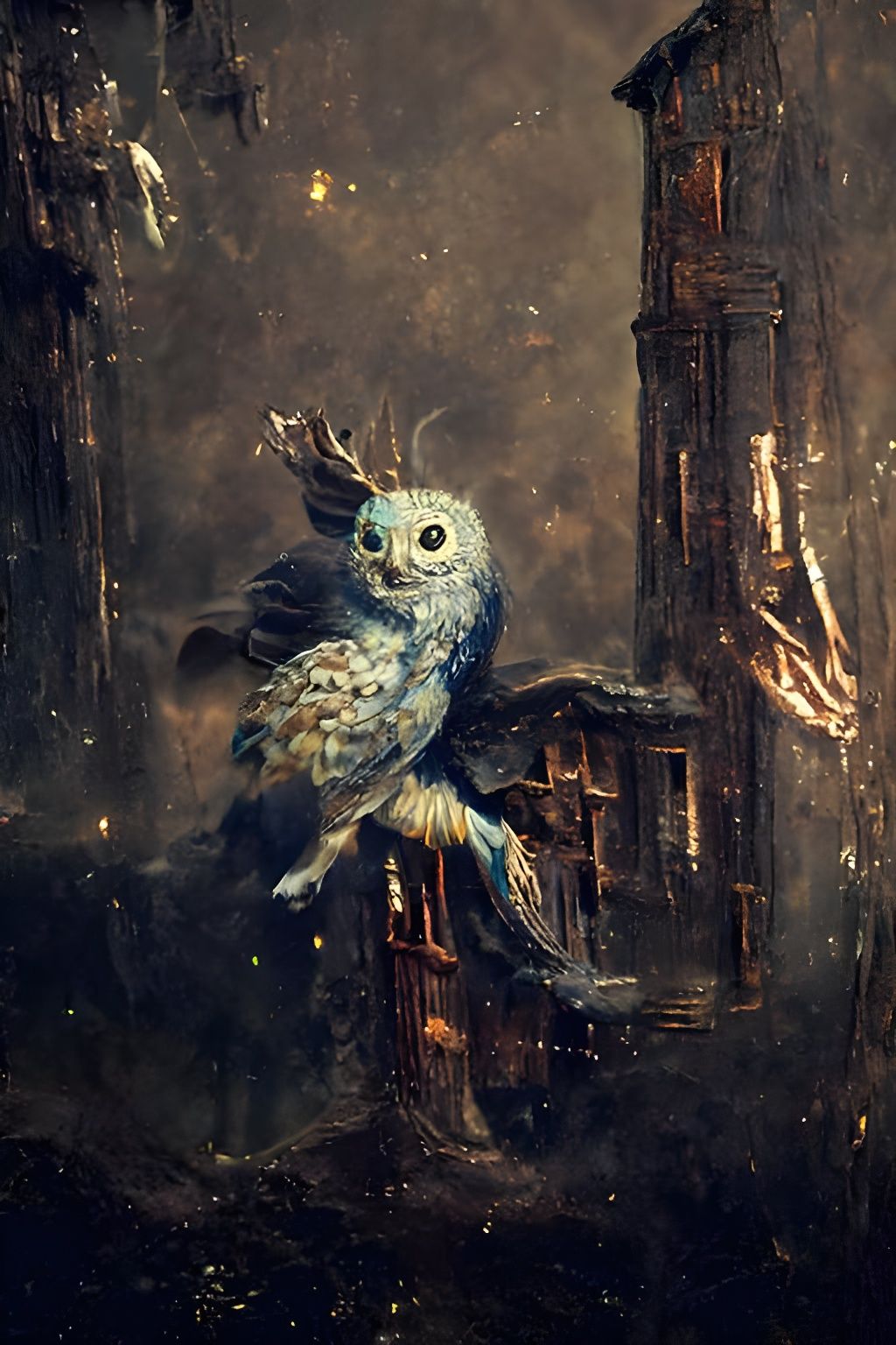 Owl Escaping Old House in Hyperrealistic Digital Painting