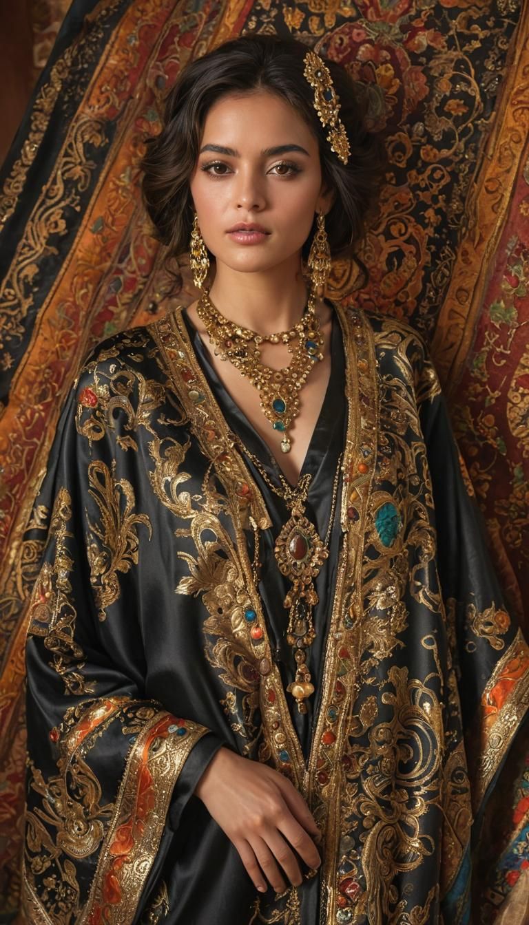 Ornate Caftan with Berber Jewelry in Silk