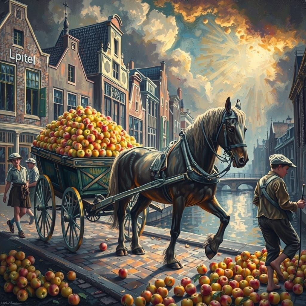 Vibrant 18th Century Amsterdam Street Scene with Apple Harve...