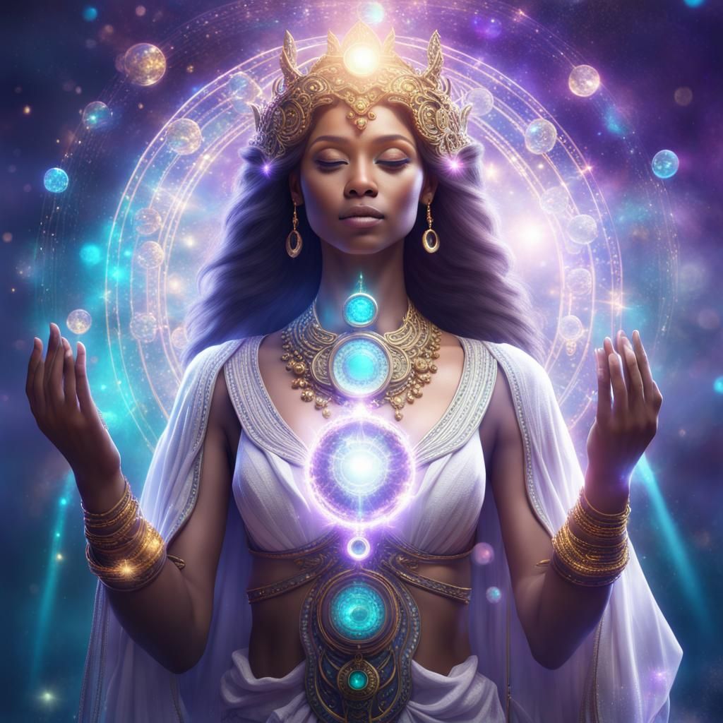 Atlantis Woman in Light with Crystals and Gems