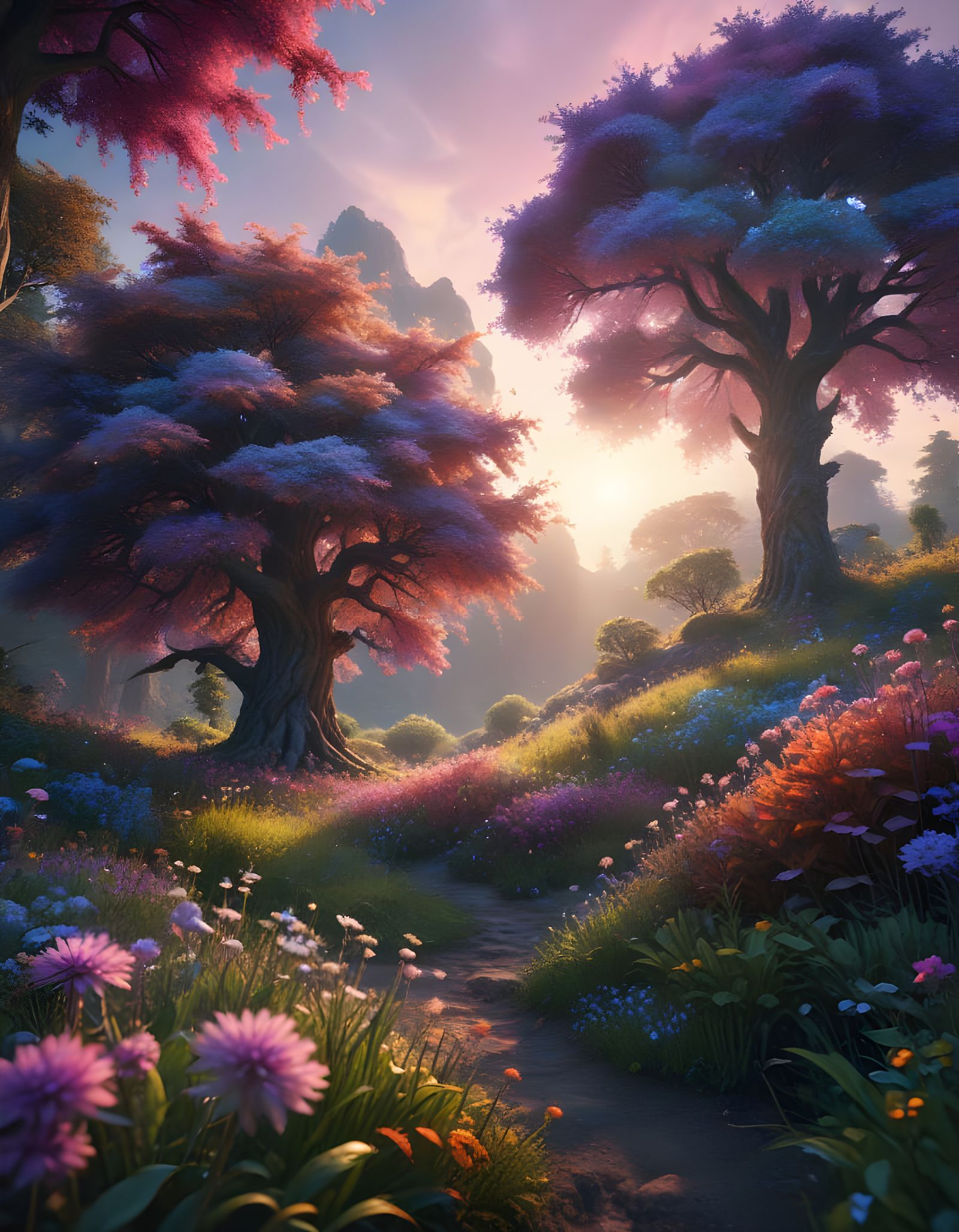 Whimsical Fantasy World with Vibrant, Iridescent Flora