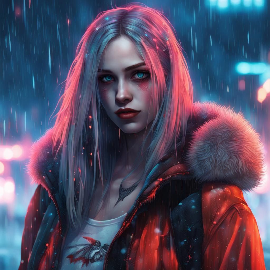 Woman with Penguins in Neon Cyberpunk Snowscape