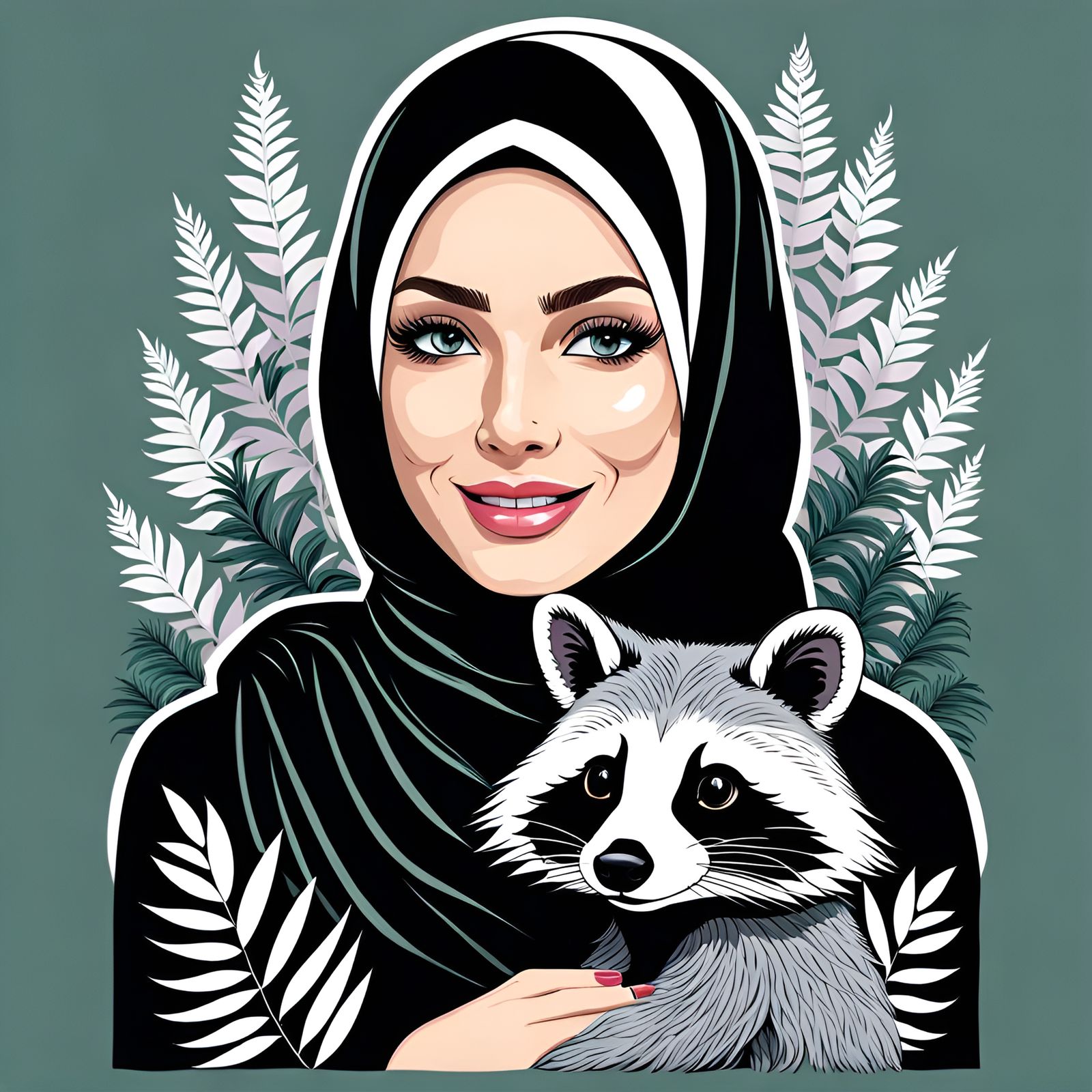 Woman with Hijab Hugging a Raccoon in Forest