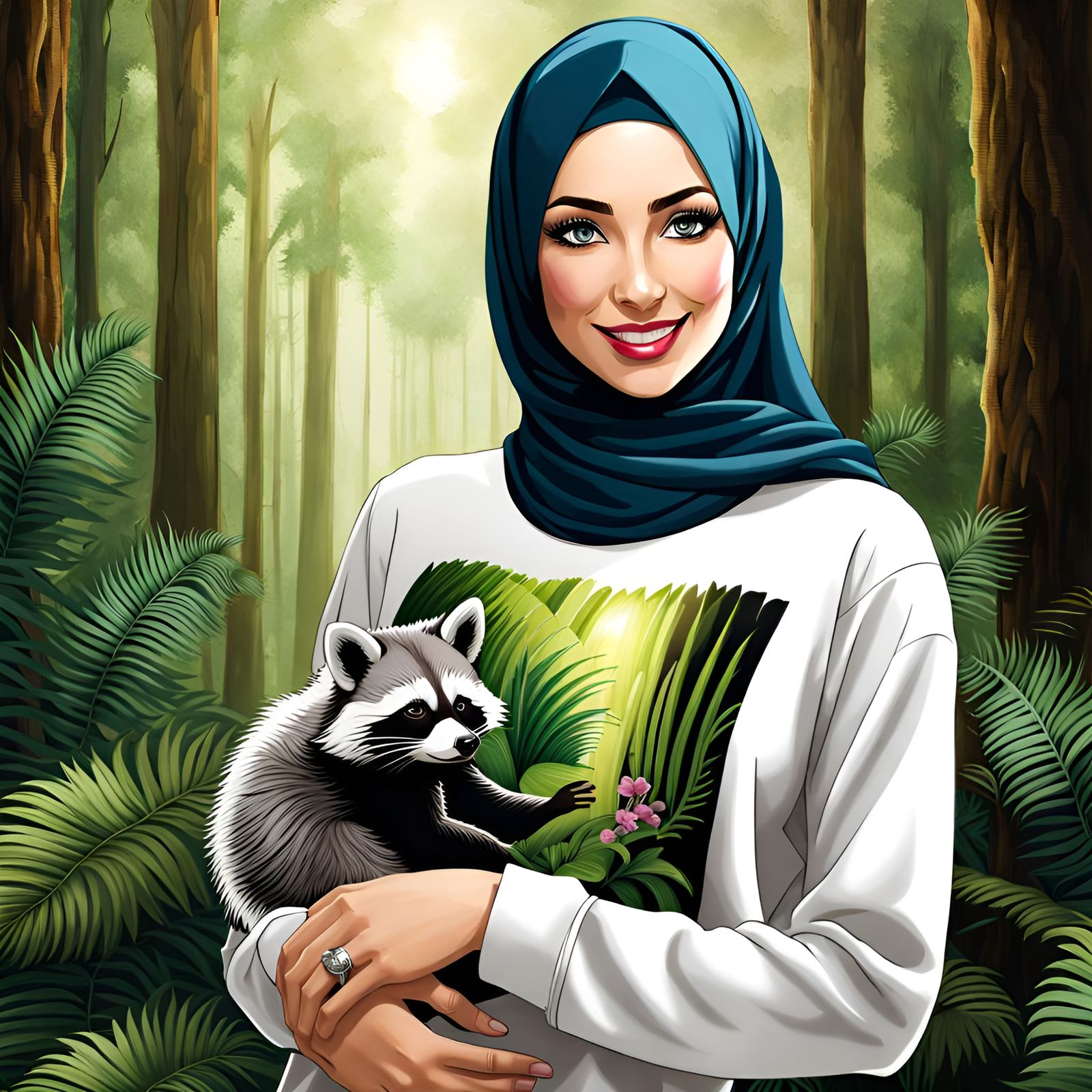Woman in Hijab Hugging a Raccoon in Forest