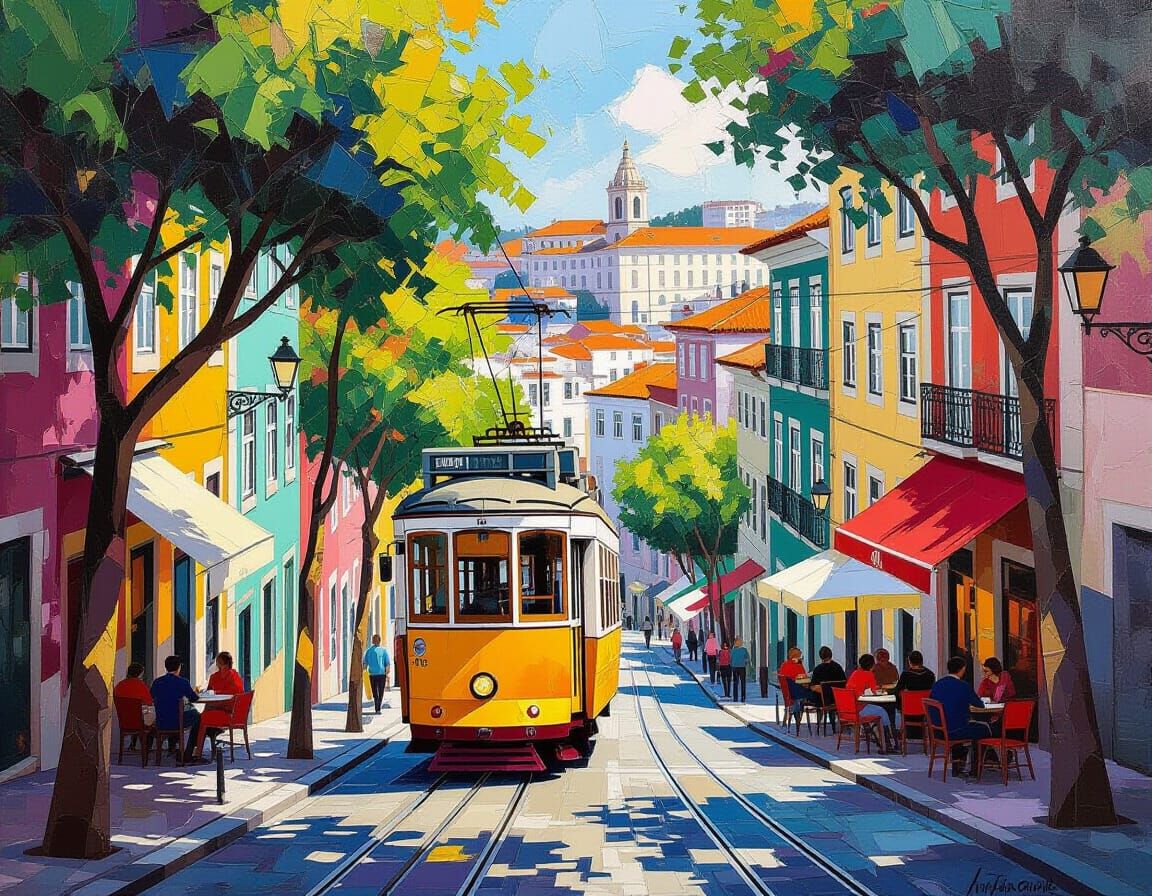 Neo-Cubist Lisbon Street Scene with Iconic Tram
