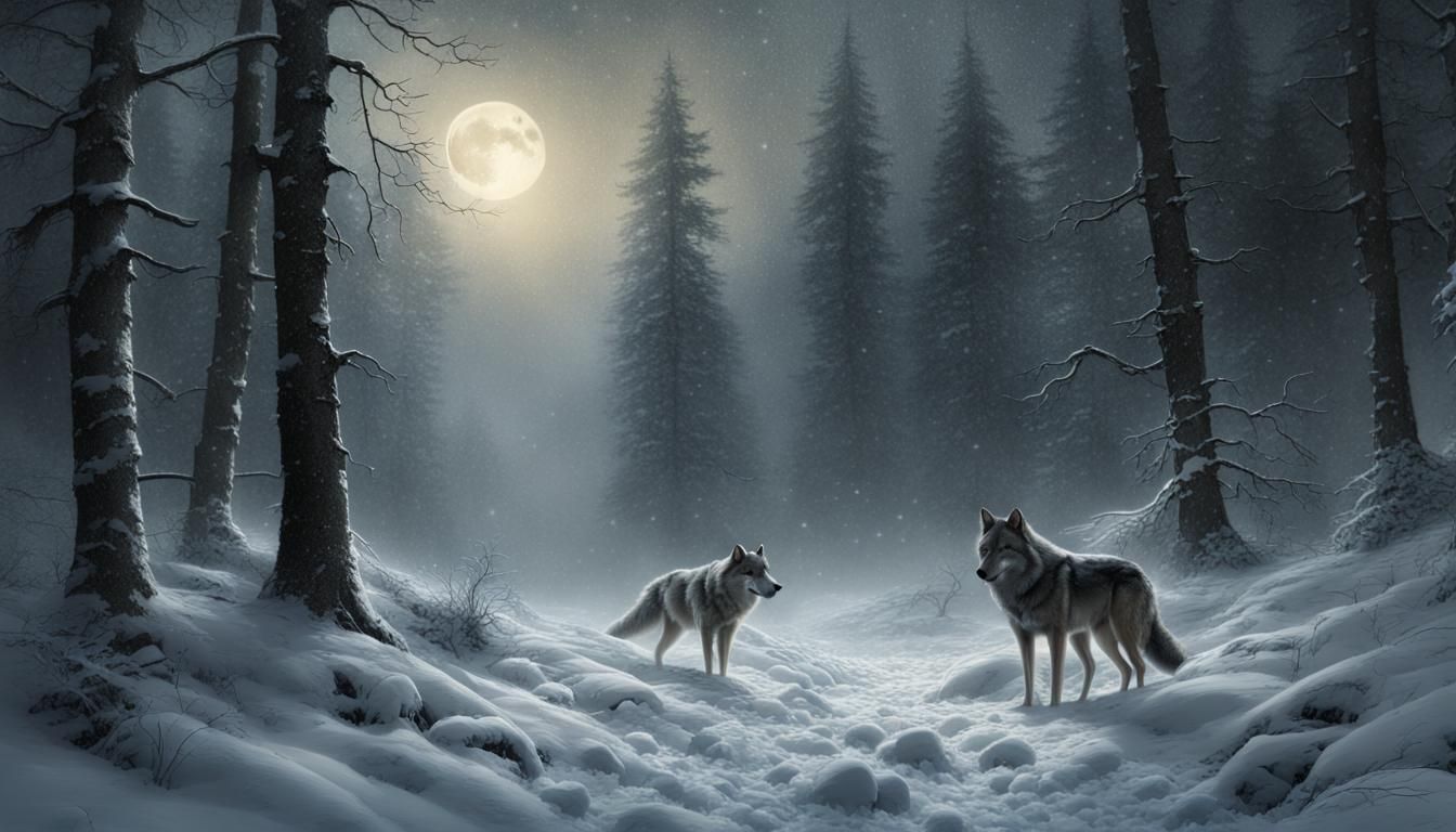 Lone Wolf in Winter Forest: Digital Matte Painting