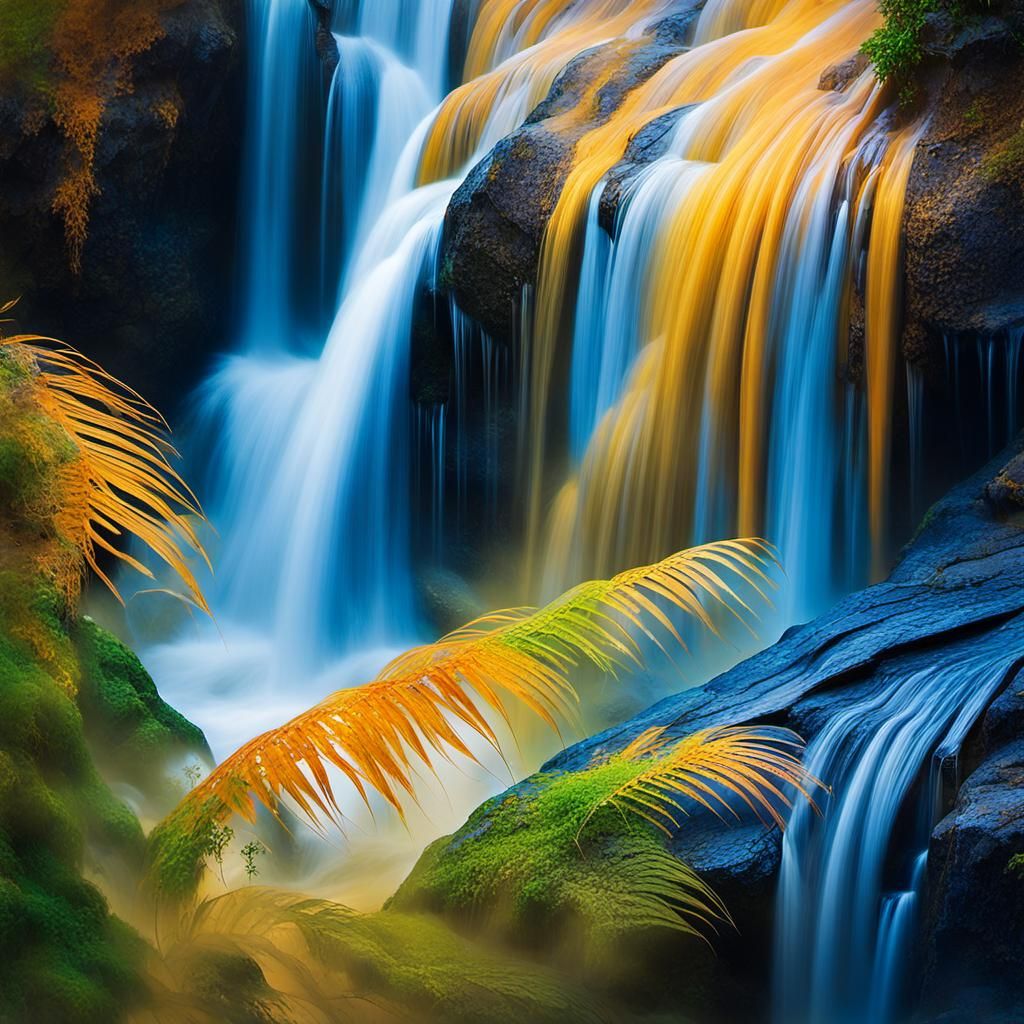 Expressionist Waterfall with Golden Light and Blue Hues