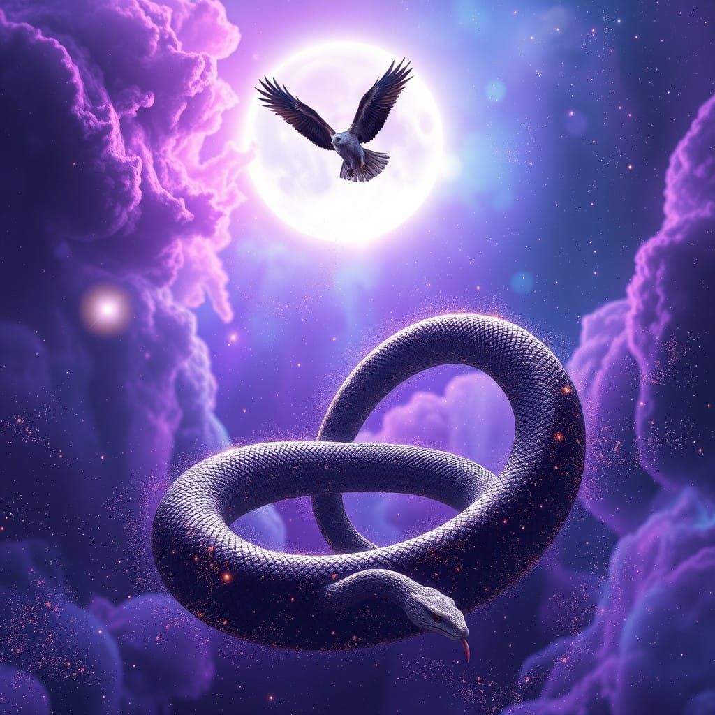 Ethereal Cosmic Serpent and Eagle in Vibrant, Iridescent Hue...