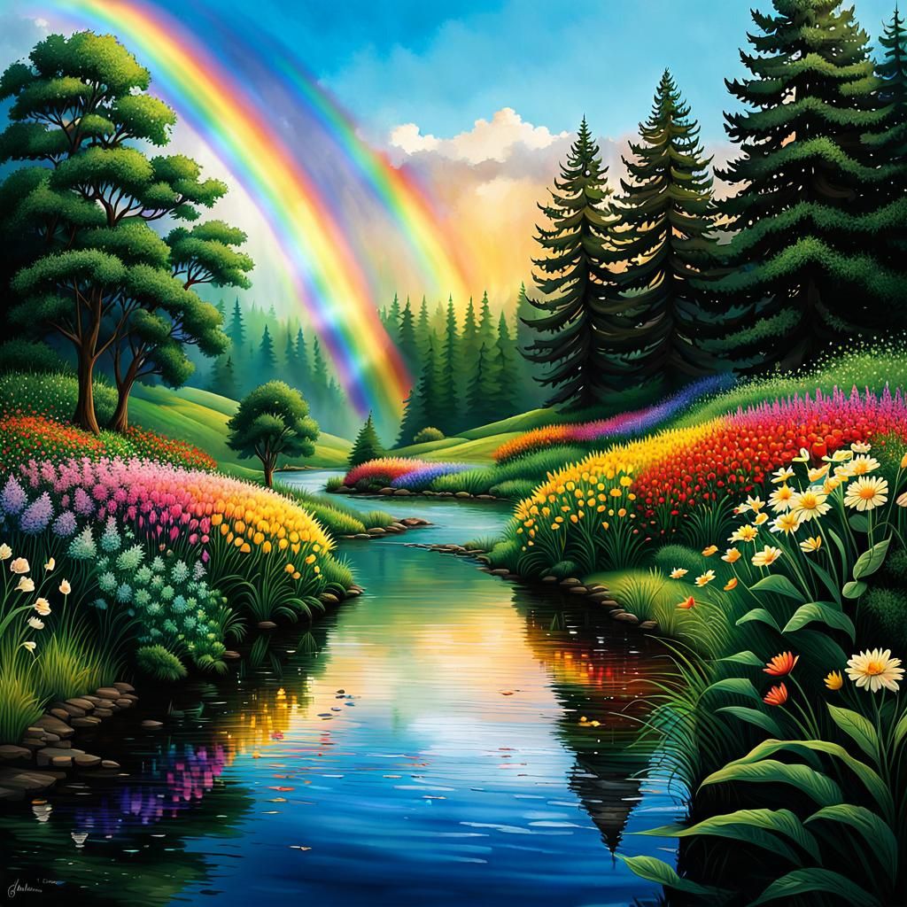 Rainbow Sign with Pond in Hyperdetailed Airbrush Art
