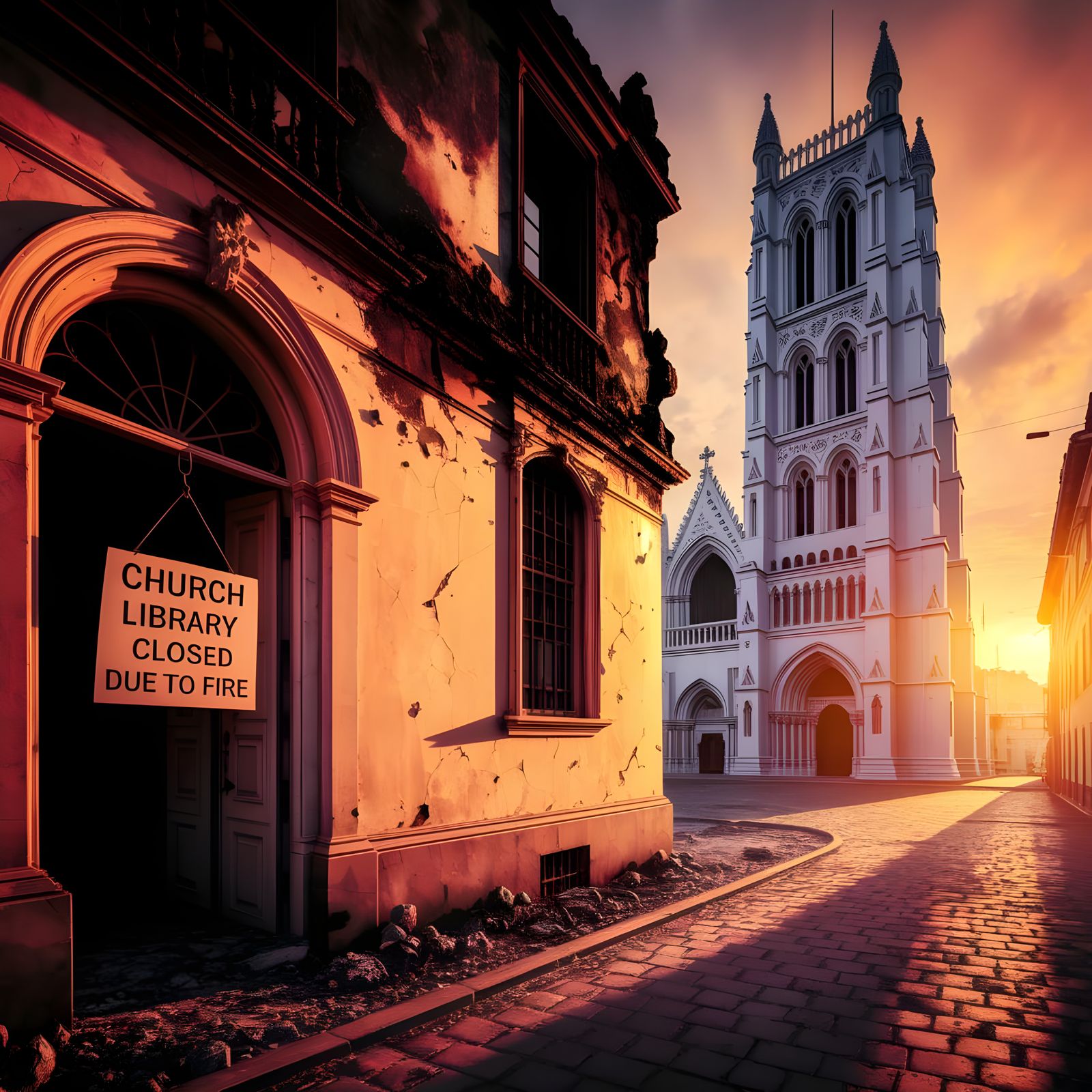 Cathedral Beside Library After Fire at Sunset
