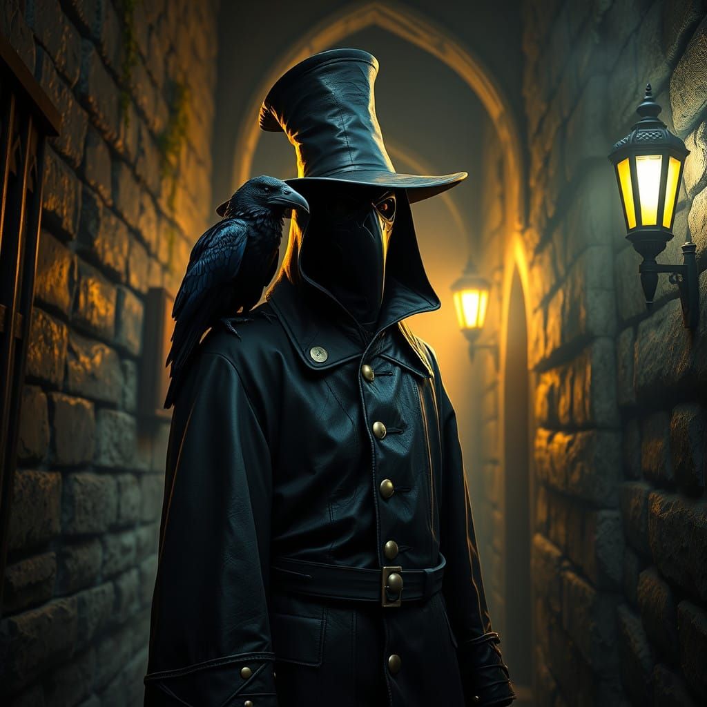 Plague Doctor Amidst Dark, Mystical Alleyway with Raven