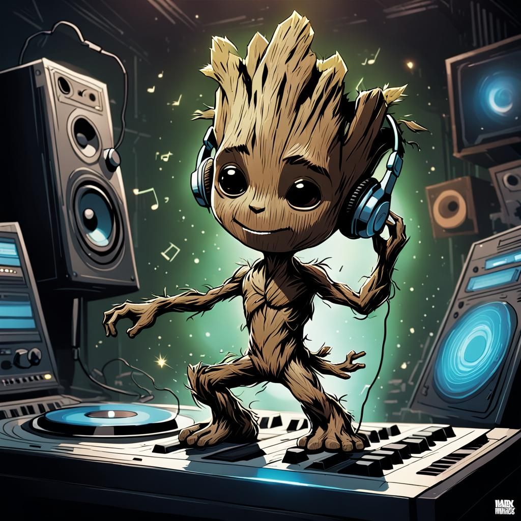 Groot Dances to Music in Comic Book Style
