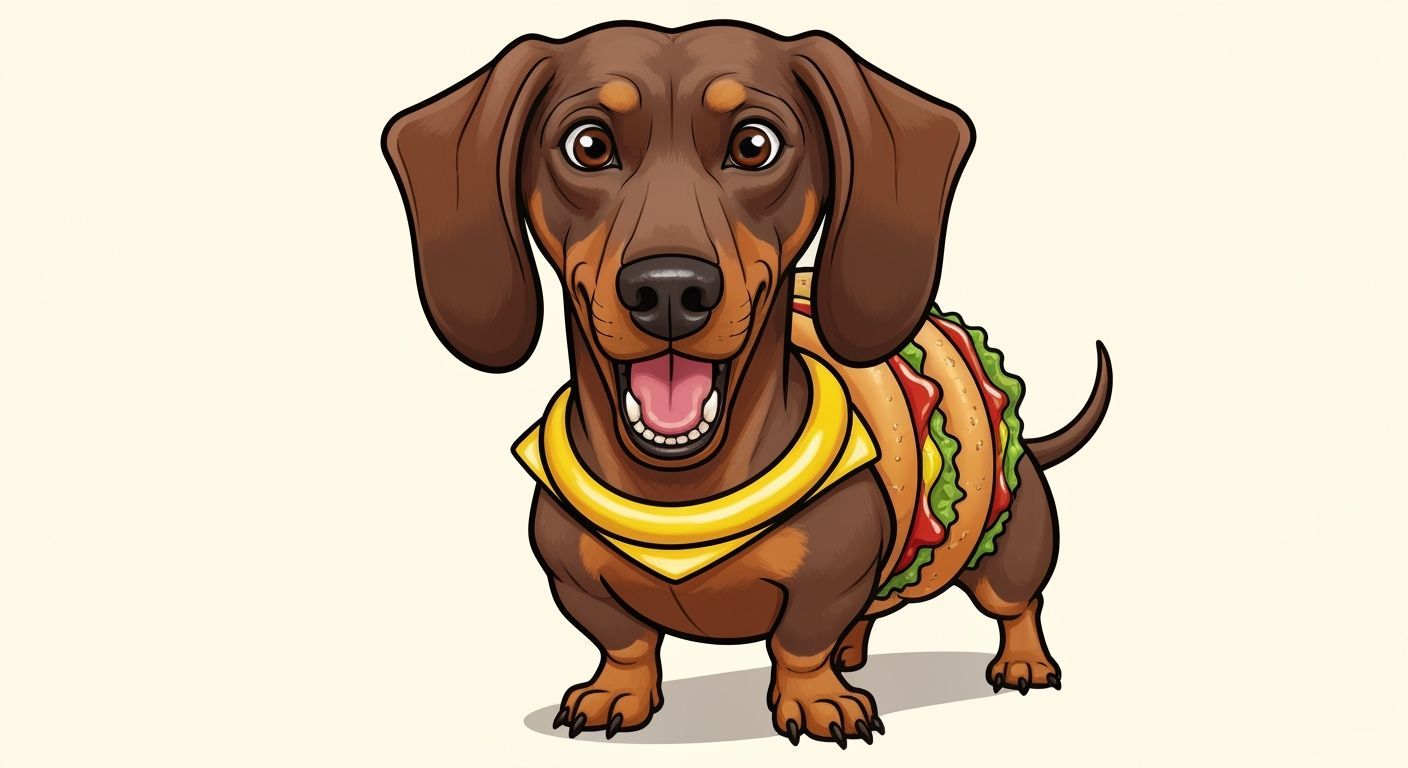 A weinerdog (dachshund) with hamburger cosplay.