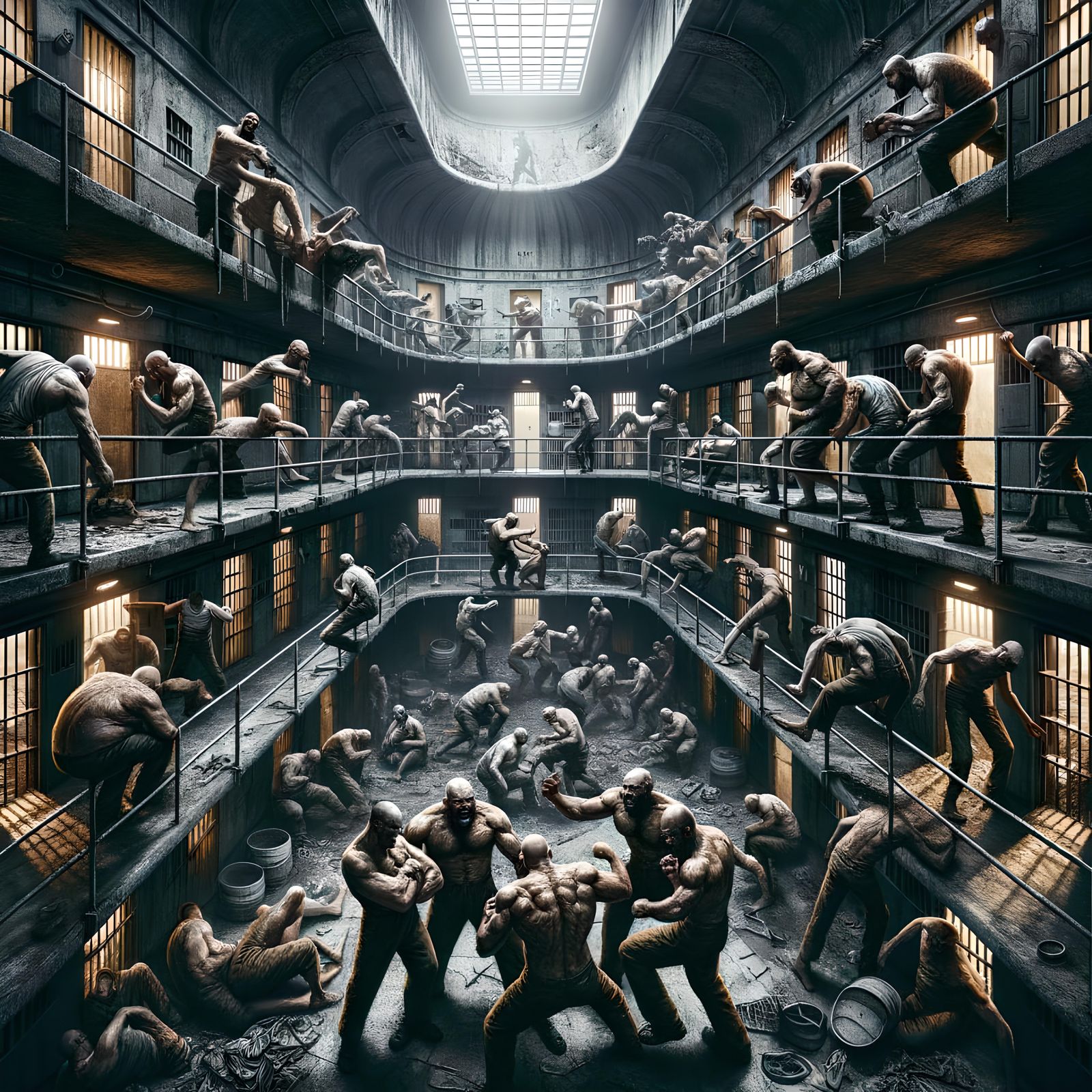 Eerie Panopticon Prison with Intoxicated Inmates Fighting