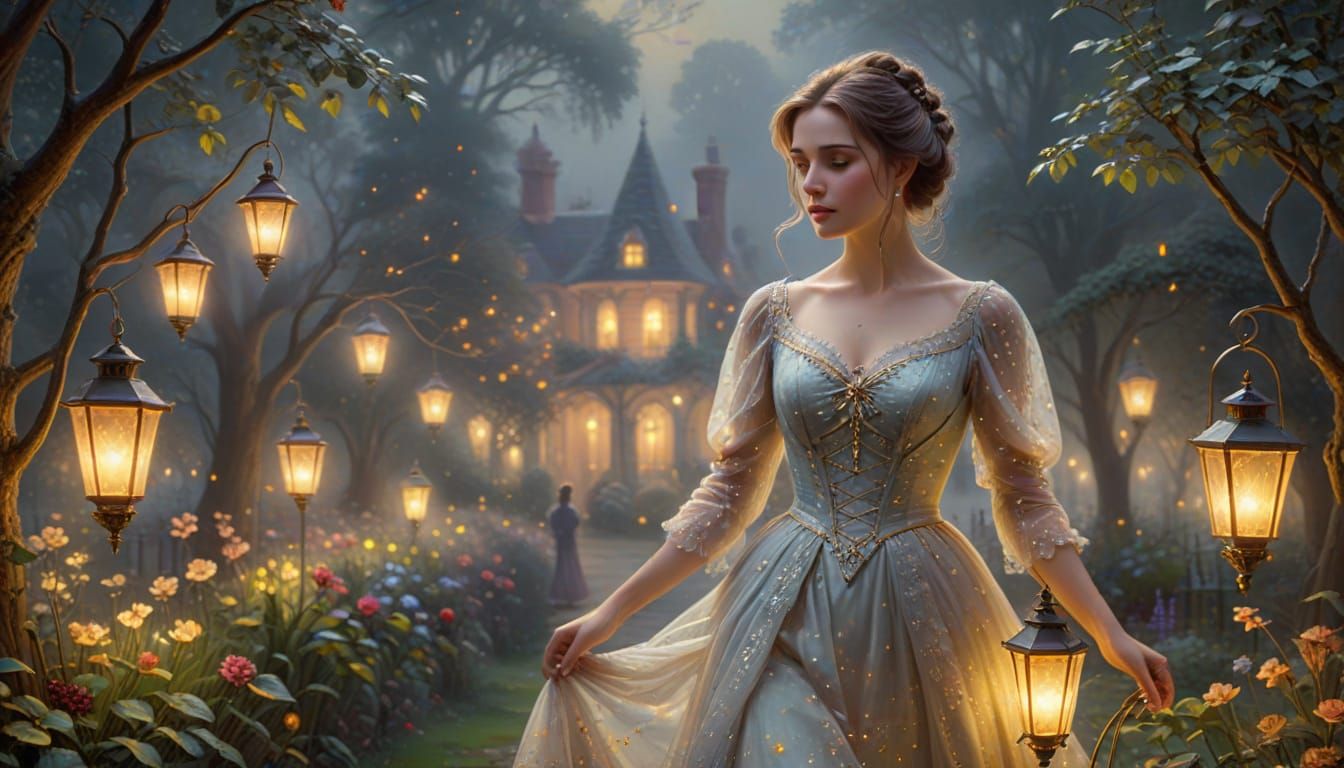 Victorian Woman in Misty Garden Oil Painting