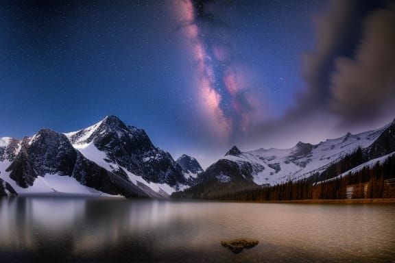 Alpine Lake Starry Night Astrophotography Panorama