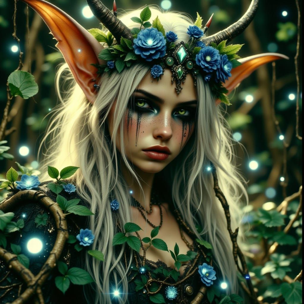 Ethereal Gothic Fantasy Elven Druid in Hypermaximalist Style
