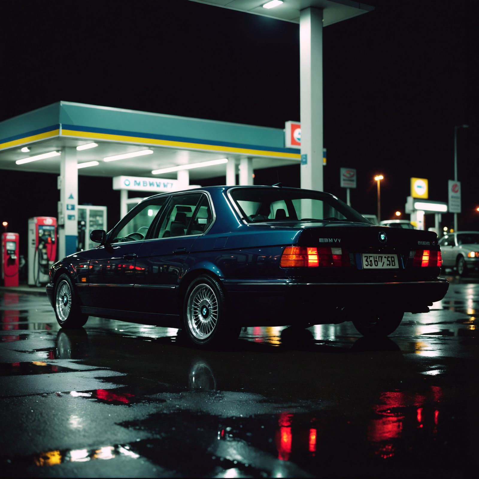 Classic Dark Blue BMW E34 at Petrol Station Night Scene