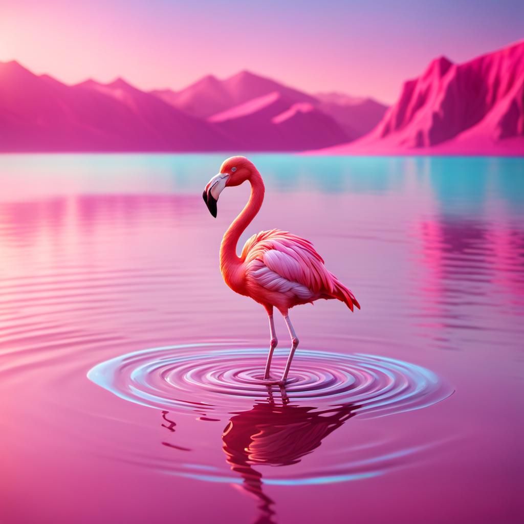 Chibi Flamingo in Neon Chrome Lake