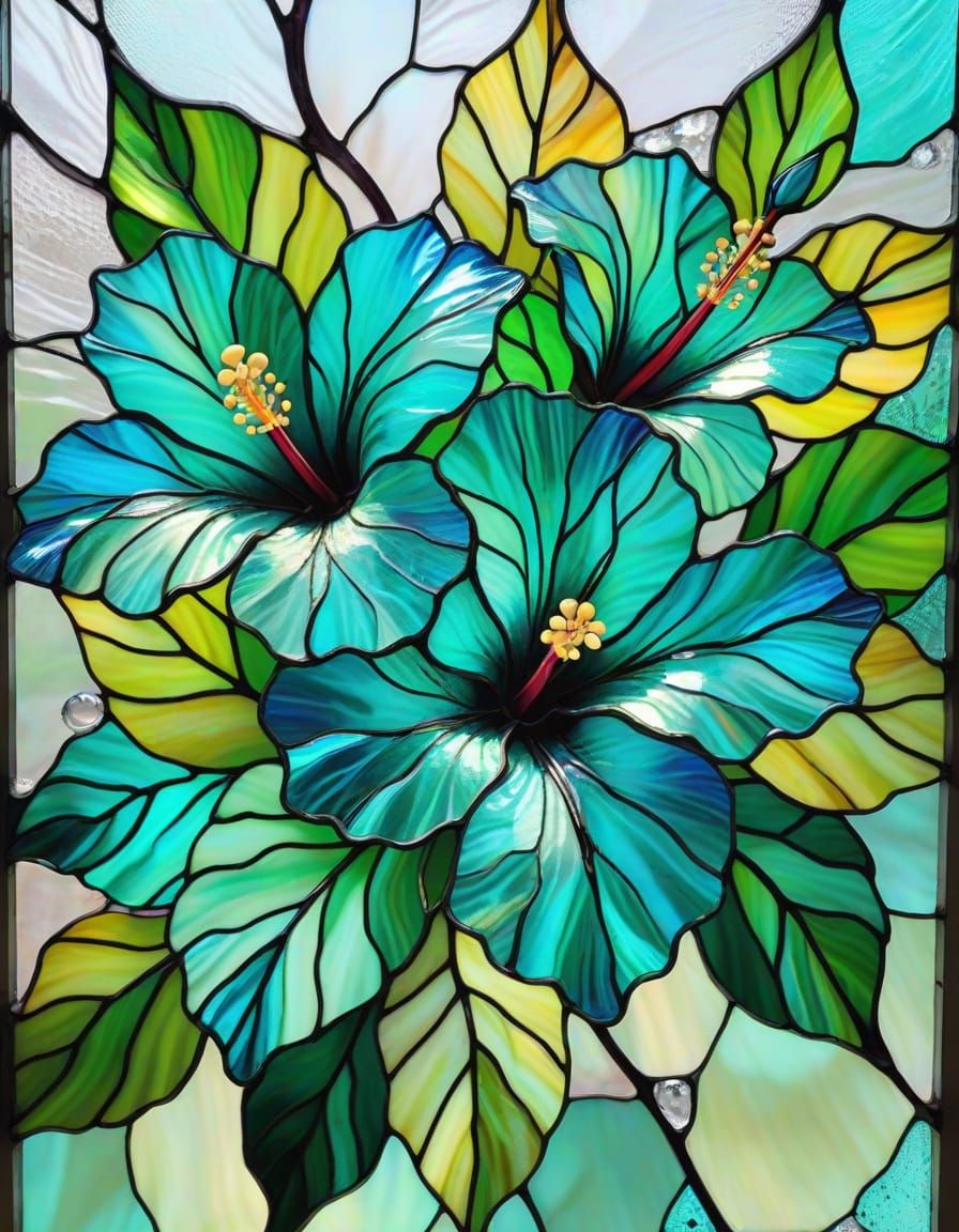 Aqua Green Hibiscus Flowers in Stained Glass Art