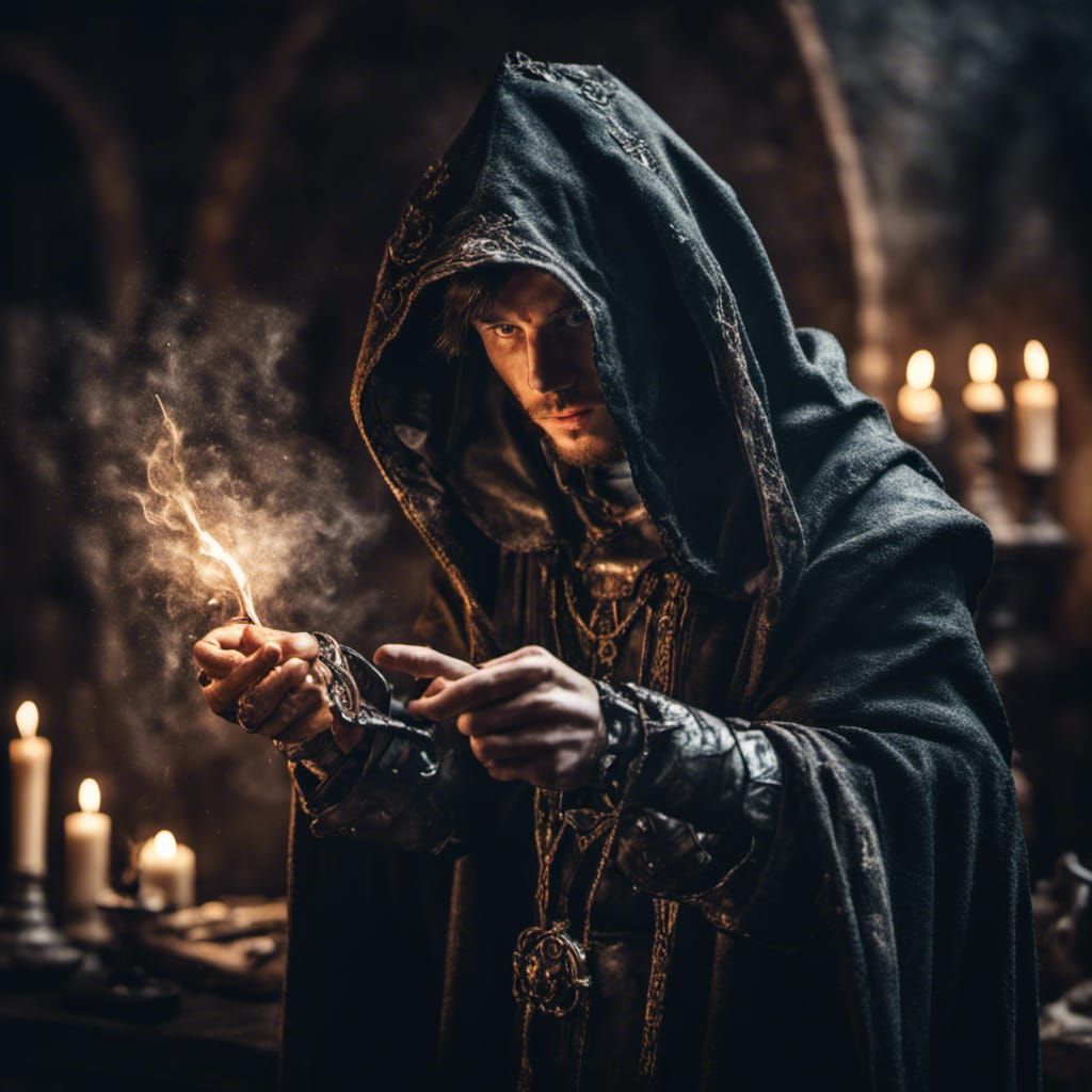 Hooded Cleric Preparing Spell, Hyperrealistic Portrait