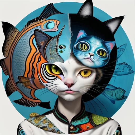 Cat and Fish Artwork in Naive Style