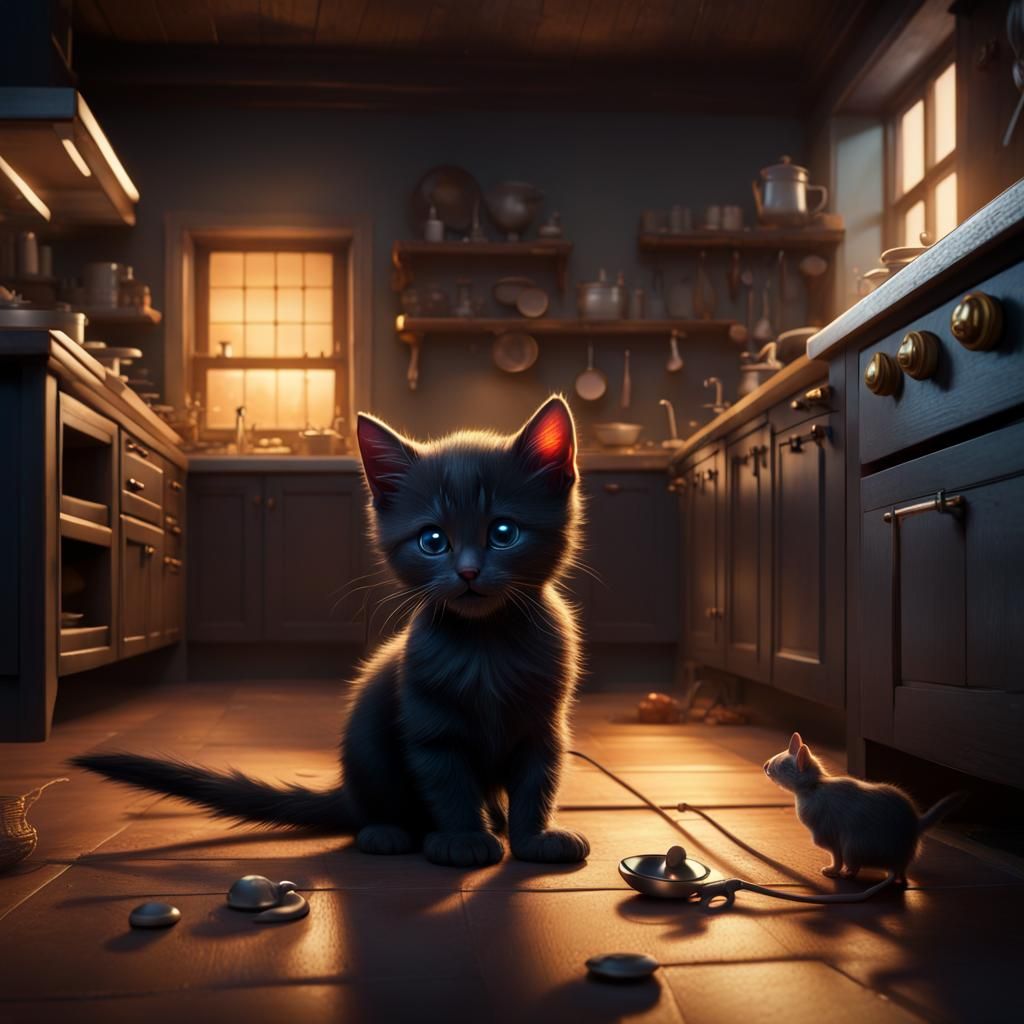 Kitten and Mouse in Chef's Kitchen