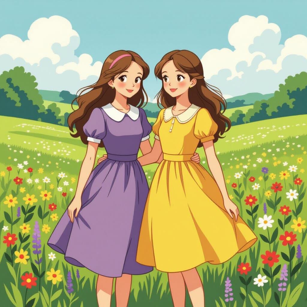 Sisters in a Meadow, in Storybook Style
