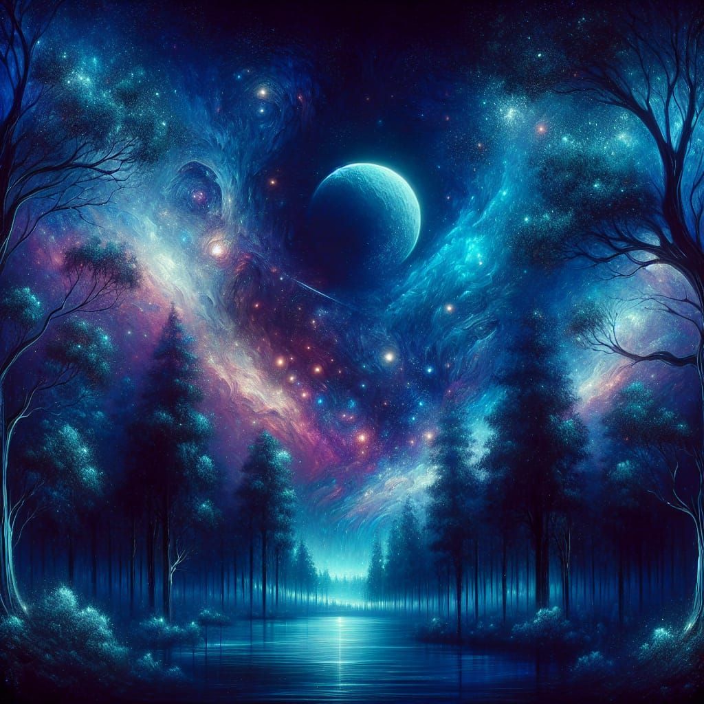 Starlight Forest: A Cosmic Mixed Media Illustration