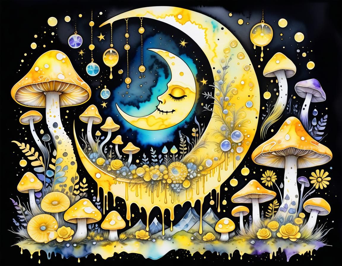 Pastel Goth Crescent Moon in Watercolor