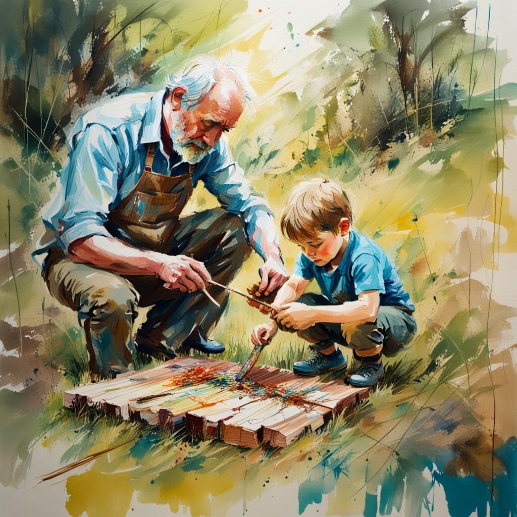 Father and Son Whittling Wood, Carne Griffiths Style