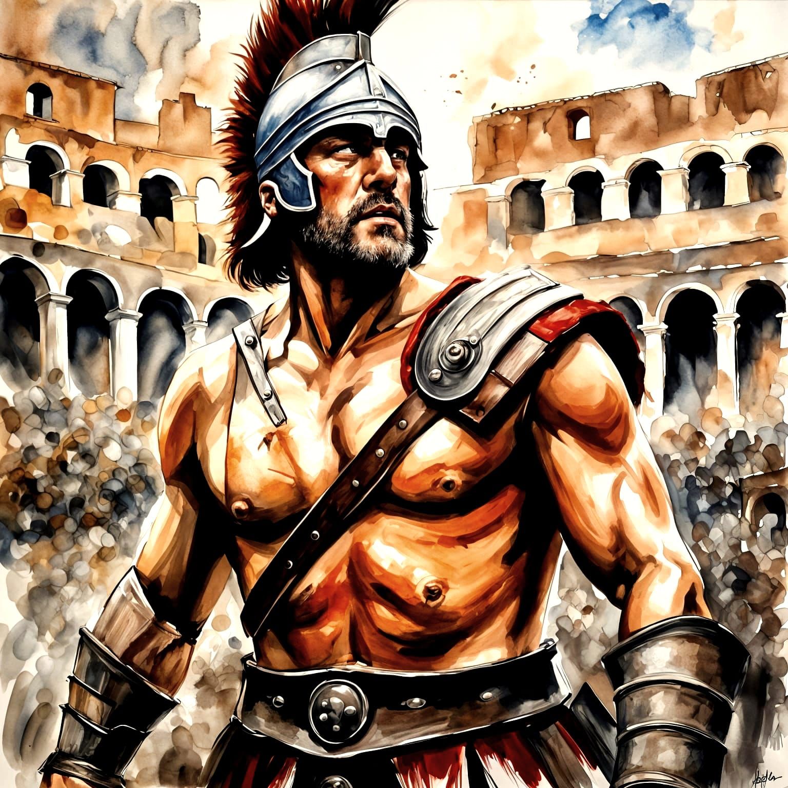 Gladiator in Roman Arena: Oil Painting Character Illustratio...