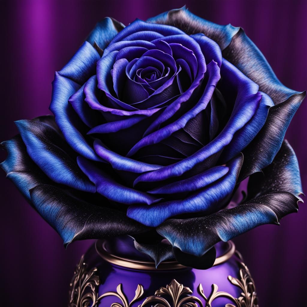 Blue and Black Rose in a Purple Vase