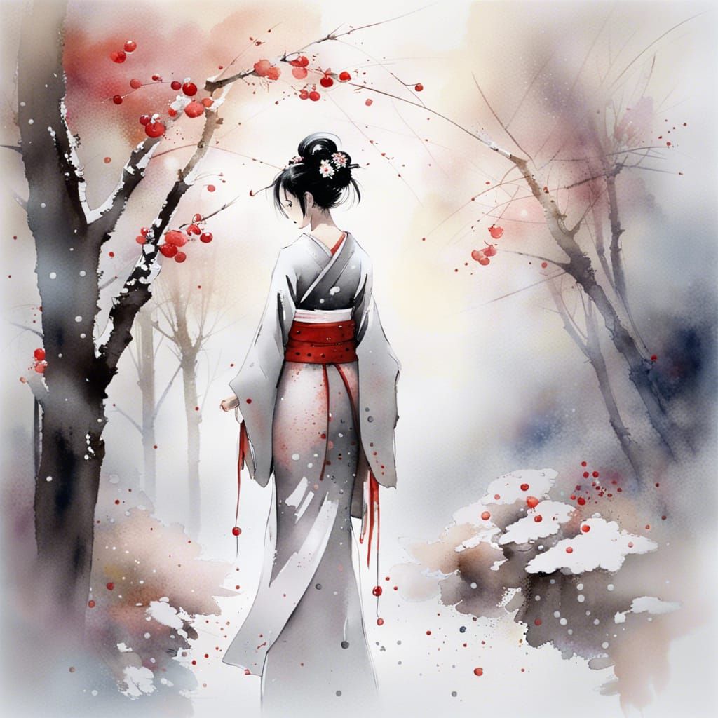 Lonely Geisha in Snowy Cherry Blossom Forest