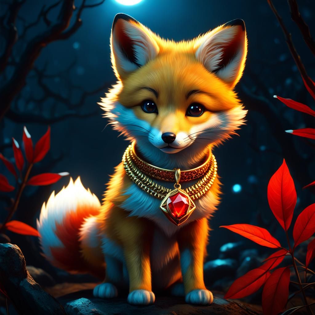 Adorable Nine-Tailed Fox Pup with Gem Necklace