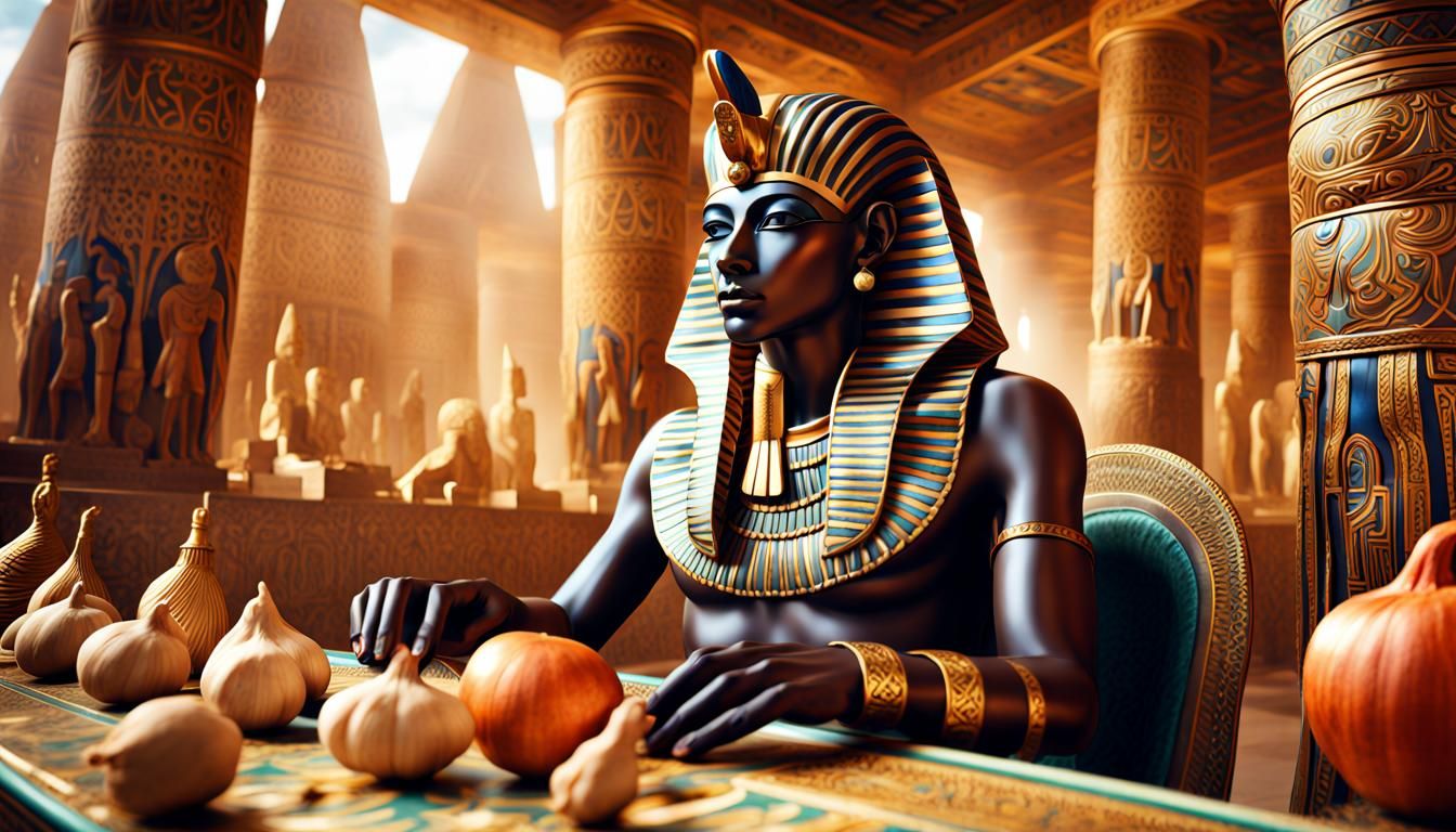 Pharao Tutanchamun looking to a garlic on table, background egypt temple