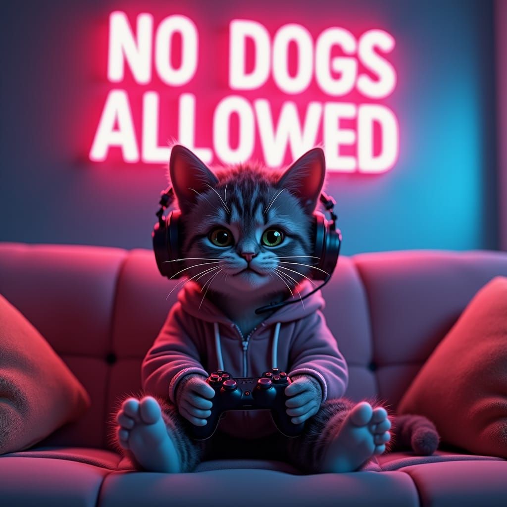 Gamer Cat in Hoodie with Neon Sign