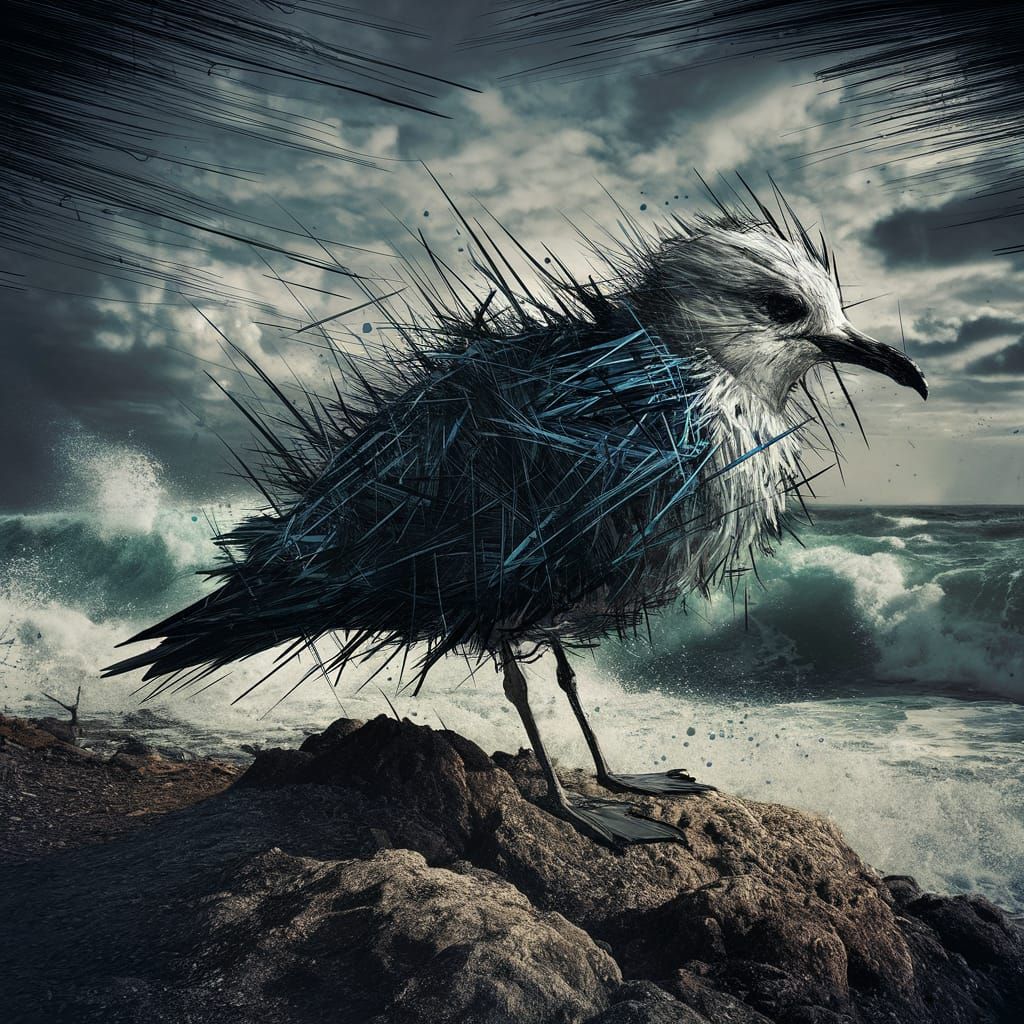 Chaotic Seagull Artwork on Rocky Shoreline