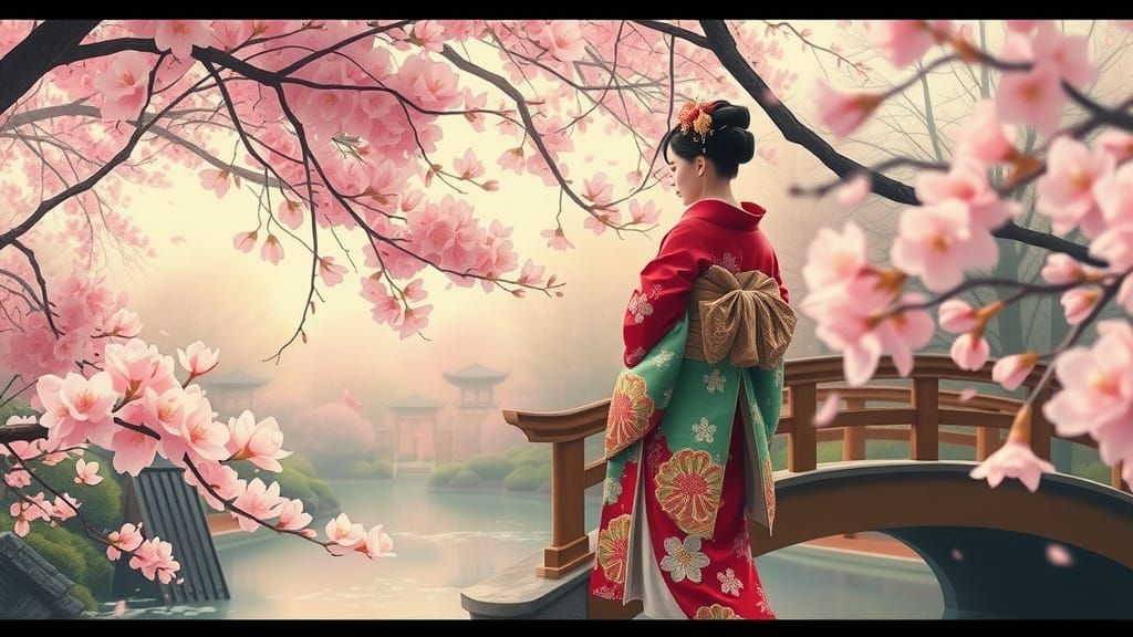 Geisha in Japanese Garden as Woodblock Print