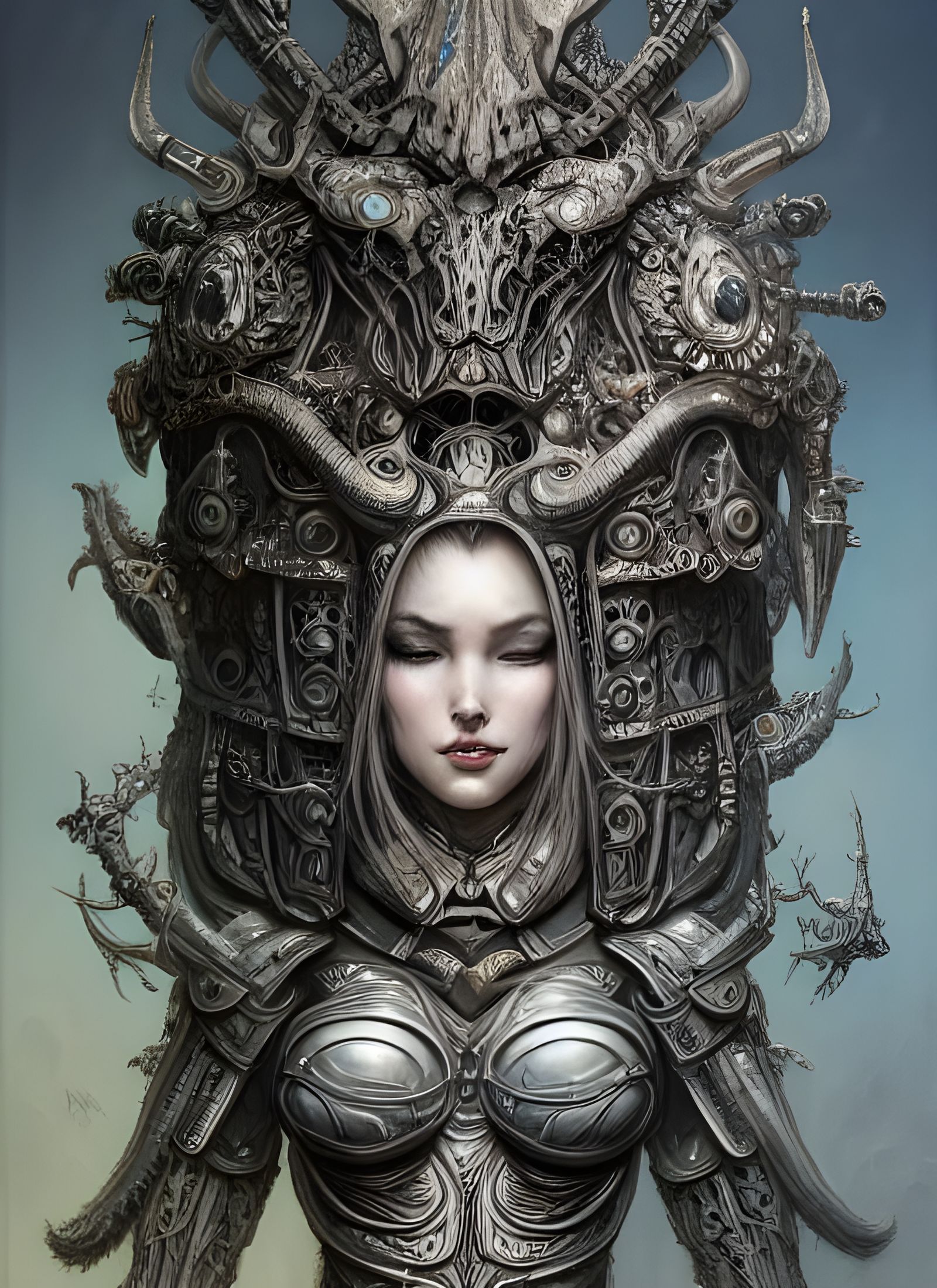 Woman in Armor with Floral Headdress, Digital Art