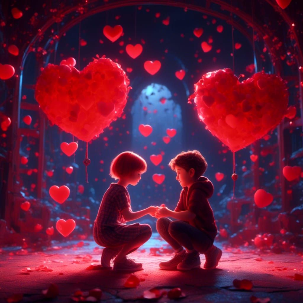 Children Sharing a Heart in a Dark Room