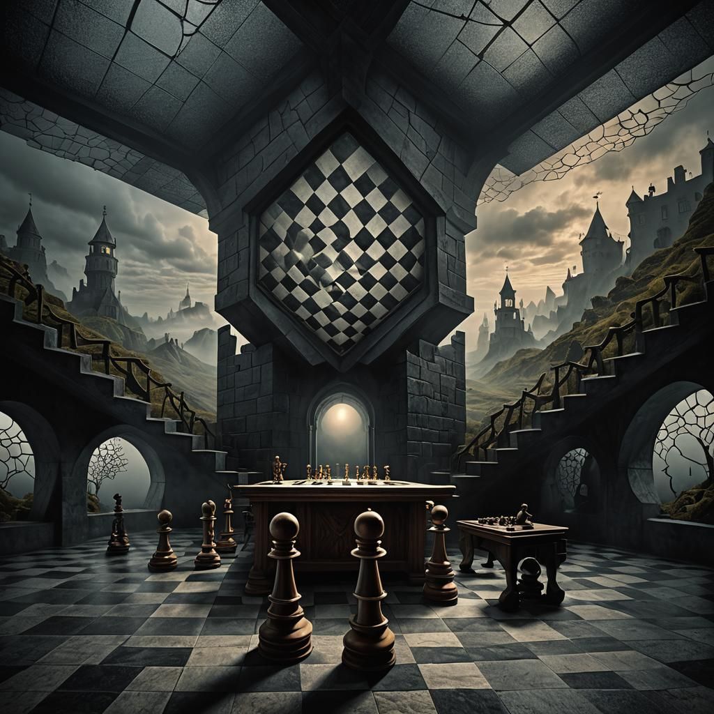 Surreal Chessboard in Misty Room, Dreamlike Digital Art