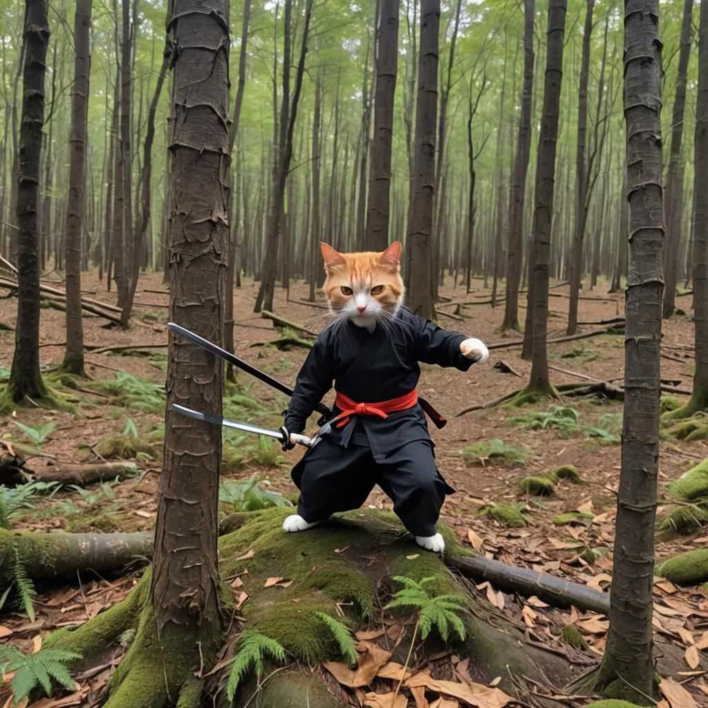 Ninja Ginger Cat with Katana in Forest