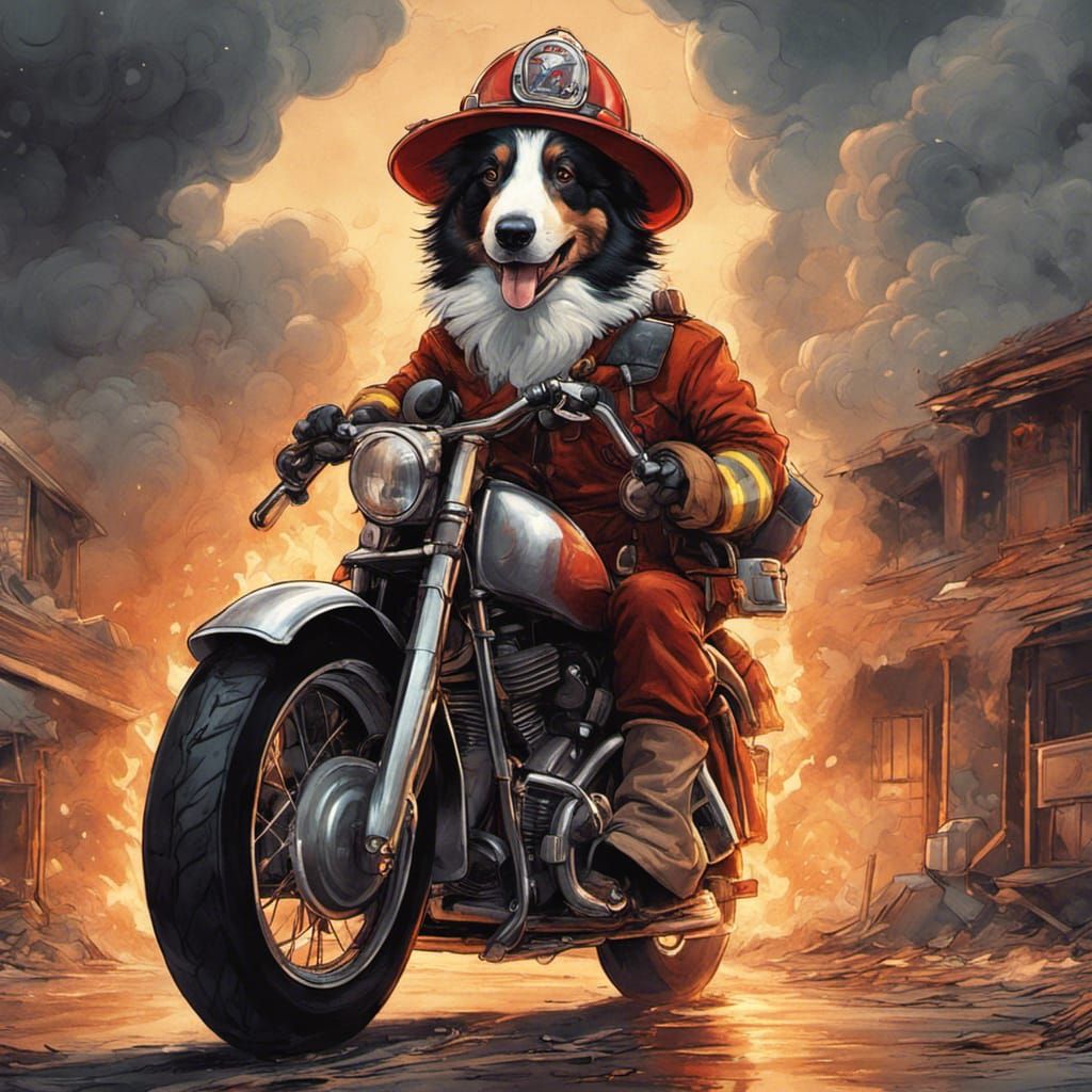 Collie Firefighter on Motorbike: Digital Matte Painting